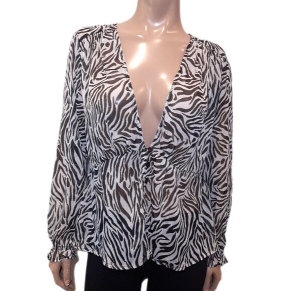 Cream Zebra Print Blouse Long Sleeve Sheer Plunging Vneck Flowy Buttoned Front - Picture 1 of 15